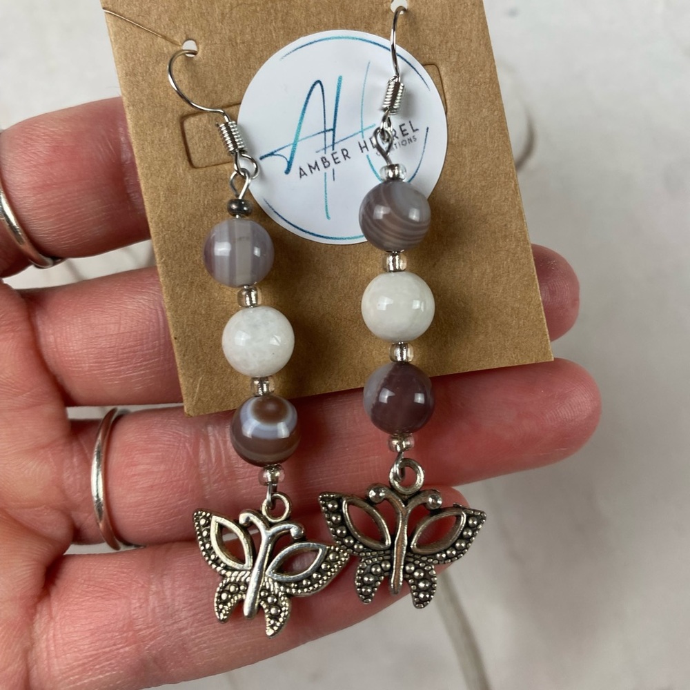 Botswana Agate Bead Butterfly Drop Earrings - White & Brown